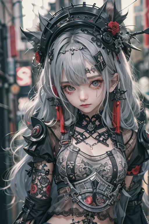 highest quality、8k、masterpiece：1.3、Gothic Punk、The inner color is red、Gray Black Hair、hair ornaments、beautiful girl、creative、Punk Style、Neogoth、Goth Fashion：0.8、High resolution、masterpiece、highest quality、頭w:1.3、((Hasselblad Photos))、Fine skin、Sharp focus、(Cinema Lighting)、shirt, Shoulders out, Modest chest 