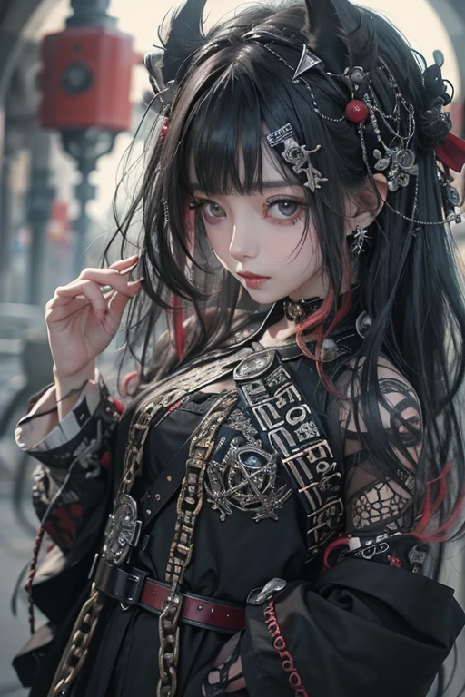 highest quality、8k、masterpiece:1.3、Gothic Punk、The inner color is red、Gray Black Hair、hair ornaments、beautiful girl、creative、Punk Style、Neogoth、Goth Fashion:0.8、High resolution、masterpiece、highest quality、頭w:1.3、((Hasselblad Photos))、Fine skin、Sharp focus、(Cinema Lighting)、shirt, Shoulders out, Modest chest