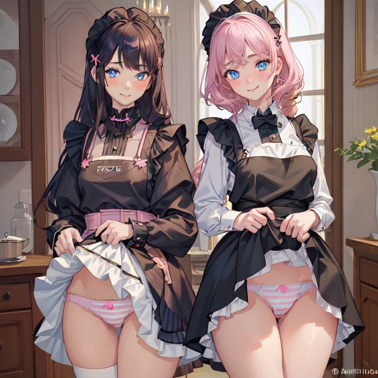 highest quality, masterpiece,((14years old:1.5)), ((2 girls:1.5)), ((smile:1.3)), (blush:1.3), Black Shirt, blouse, ((fun!!)), (Small breasts), Blonde, (Long sleeve), ((White apron:1.5)), ((Maid)), ((hair ornaments)), Kamimei, look at me, ((in house:1.5)), Taking a break from watching the audience, Cowboy Shot, (skirtlift:1.3), (Highly detailed pink striped panties:1.3), (Highly detailed panties:1.3), (skirt that rolls up:1.3), (Panties fully exposed:1.5), Light blue eyes, long hair, Glowing Eyes