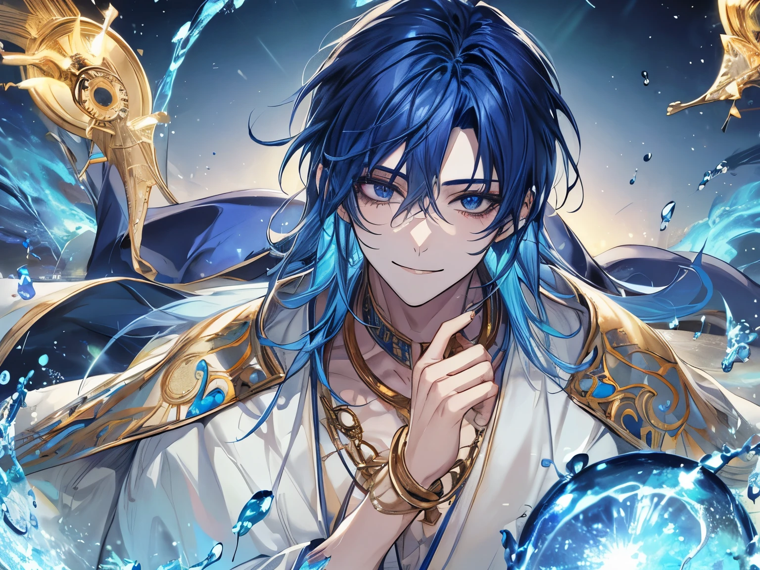 Face close-up, 1 male , Blue Skin , Blue Hair , Gold bracelet , Islamic Robe,Deep sea background , smile , gin, spirit ,spirit衣装, Iris , Adult