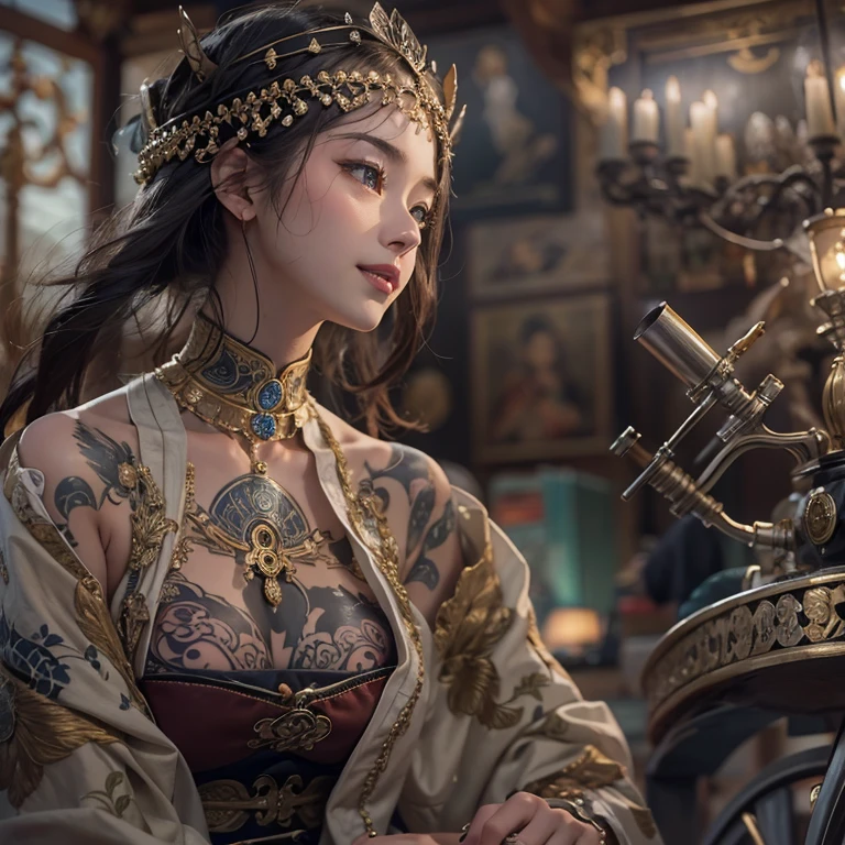 Ride an Antique Bicycle on Baker Street 、Hair flow、 ((highest quality、masterpiece、8k、Best image quality、Ultra-high resolution、Award-winning works)、(Accurate anatomy:1.1)、(Look at me and smile:1.1)、Shining fair skin with Ultra-high resolution、The most detailed face、Ultra-high resolution detailed face、Ultra-high resolutionの髪の毛、(Ultra-high resolutionの煌めく瞳:1.1)、Beautiful face drawn in every detail、(Blurred Background:1.1)、Ancient Islamic clothing, Chest to chest, tattoo,