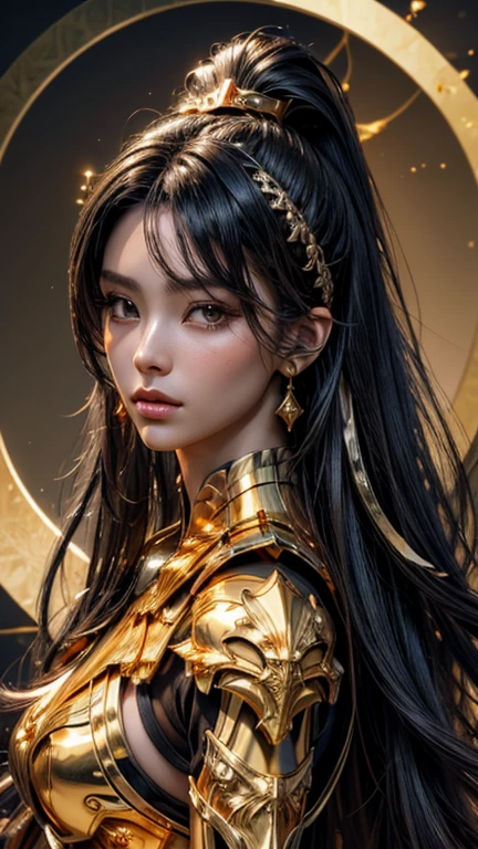 "In 8k, masterpiece, best quality, fantasy, ultra detail, clear photo of a goddess, half body, (dynamic angle), (lots of detail), ultra high definition, 8k UHD, (light rayer: 1.05) , light particles, magic Effects rotating around her, Detailed skin texture, (illustration: 1.05), (detailed light: 1.05), (ultra-detailed: 1.1), Ground, A Goddess, hovering in the air with a mystical aura Sharp green eyes deep electric that. appears to harbor storms within, surrounded by dark lashes and soft, glowing eyelids. Costume: a delicate balance of black and gold armor intricately designed in red details, combined with soft silk fabrics that flow with her every movement. : made of diamonds, shining with a golden luster, adorned with intricate patterns: long, flowing like living electricity, holding a flaming sword of intricate design, emerging before a striking lightning, lifelike light configuration, (realistic)."