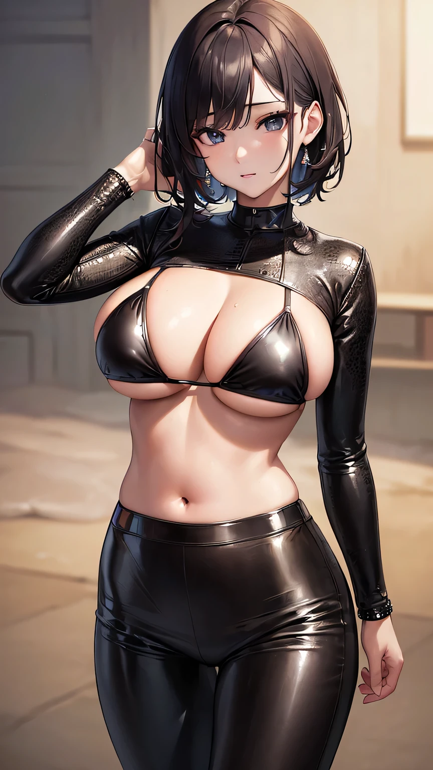 (((masterpiece))), (((High resolution))), (((8K quality))), (((perfect face))), (((Korean idol))), (((bikini))), ((leather pants)), (((high resolution face))), (((top quality eyes))), (((detailed face))), (((detailed texture))), look at the camera, big tits, plump