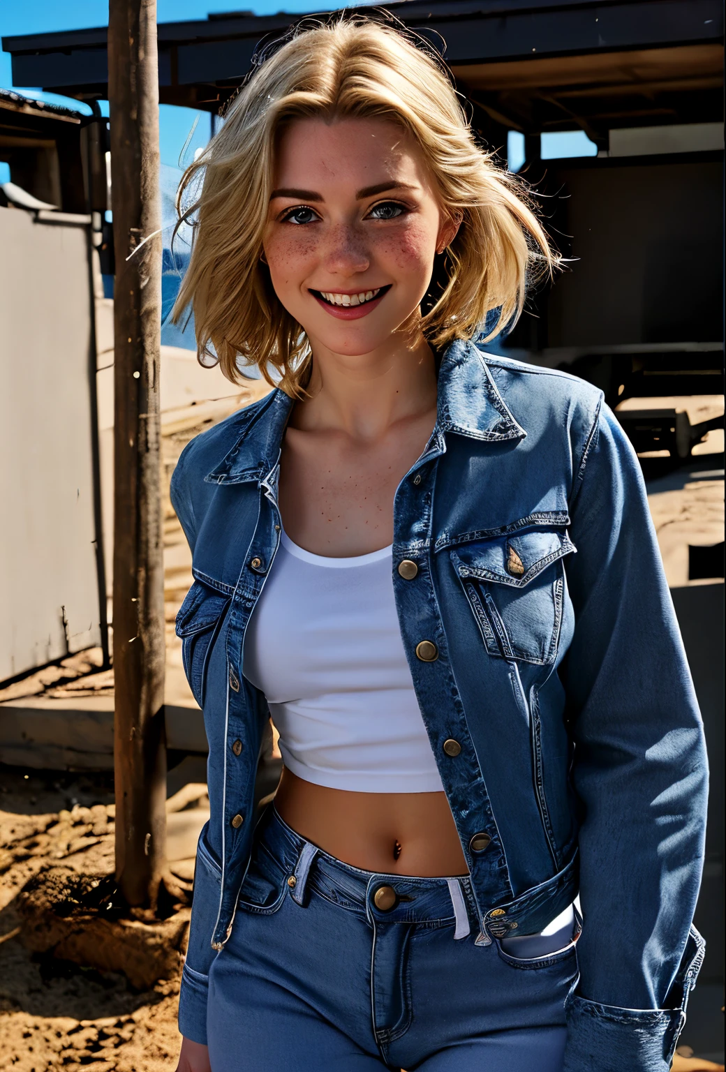 A 21 year old girl named Kate with short blonde hair, very nice medium breasts, her height is 1.60, white British style, kate is beautiful, angelic face, has light freckles in the nose area, Kate is wearing light jeans with a light denim jacket with a white shirt with no prints underneath, Kate wears a light all star sneaker, Kate is standing and in the background a music recording studio, Kate is standing with a microphone in her hand, posing for a photo for the marketing of her new music. Kate is happy.