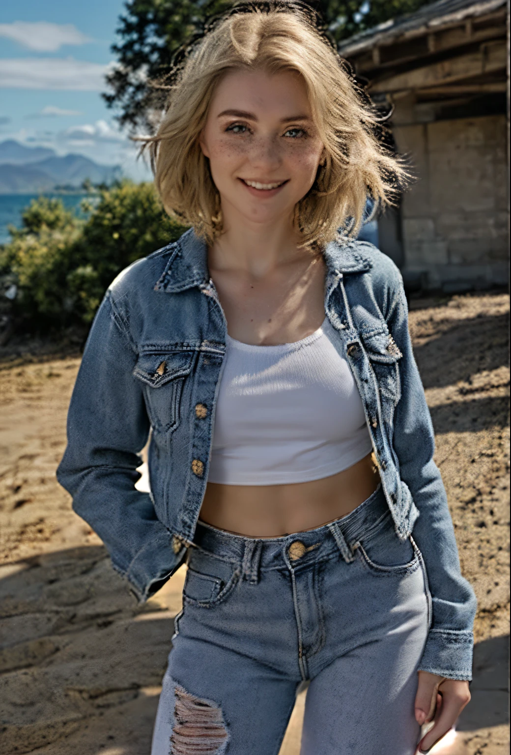 A 21 year old girl named Kate with short blonde hair, very nice medium breasts, her height is 1.60, white British style, kate is beautiful, angelic face, has light freckles in the nose area, Kate is wearing light jeans with a light denim jacket with a white shirt with no prints underneath, Kate wears a light all star sneaker,   Kate is standing and in the background a music recording studio, Kate is standing with a microphone in her hand, posing for a photo for the marketing of her new music. Kate is happy.