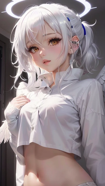 anime girl with angel wings and a white shirt, anime visual of a cute girl, perfect white haired girl, white haired deity, girl with white hair, white haired, anime visual of a young woman, girl with short white hair, her hair is white, female anime character, white-haired, silver hair (ponytail), smooth anime cg art, white haired lady