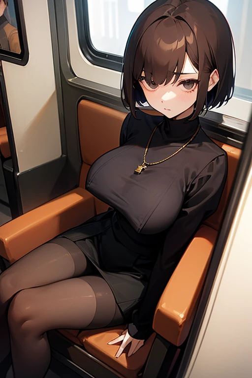 Brown short bob、Black high neck waffle knit top、Flared sleeves、Tight Skirt、Black Stockings、necklace、sitting in a train seat、tits、slender、