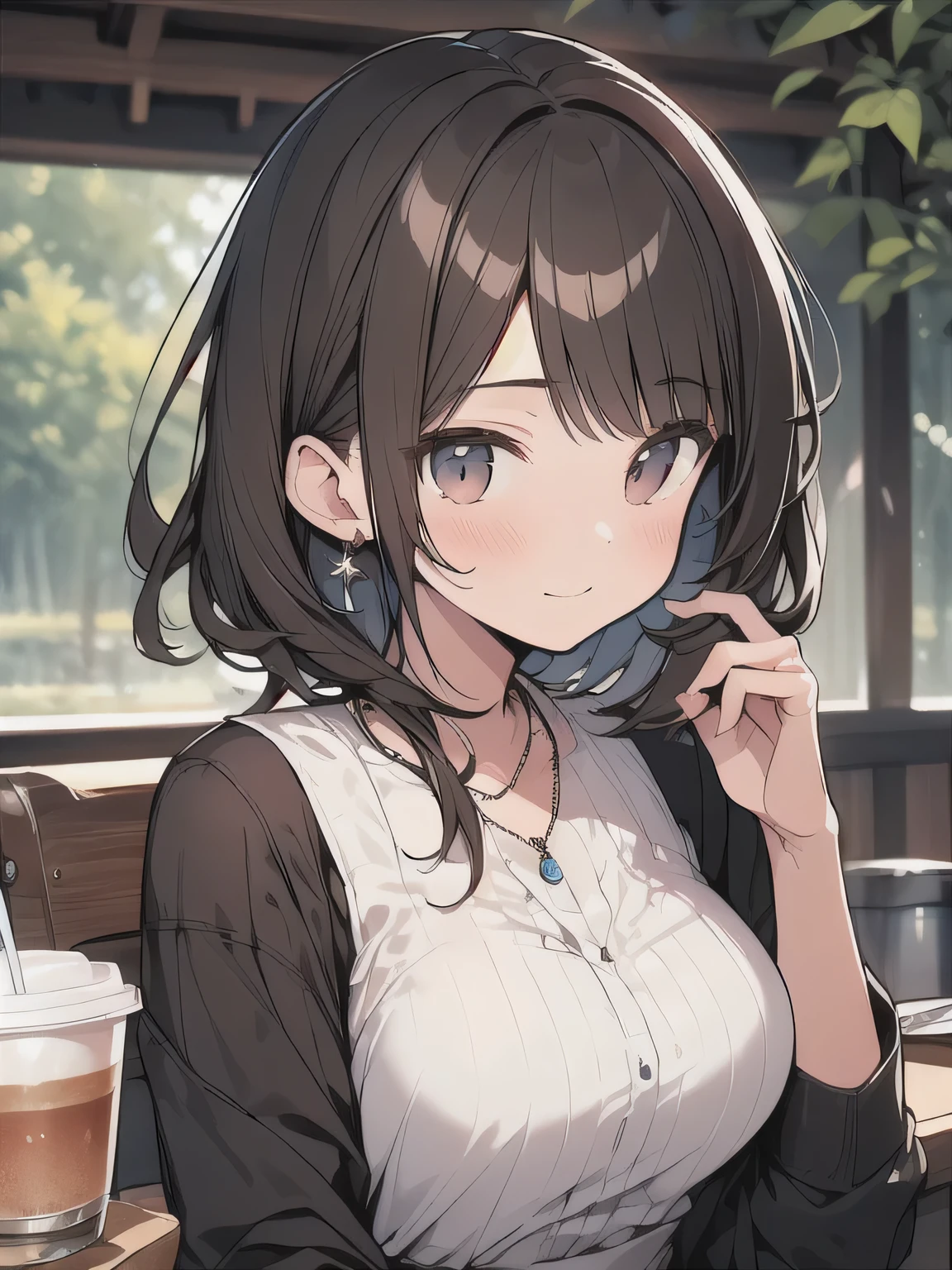 (best quality), (Super detailed), (Best Illustration), (masterpiece), score_9, score_8_up, score_7_up, 4k, upper body,
A woman with brown hair and a bob, Cafe in the forest,Drink coffee