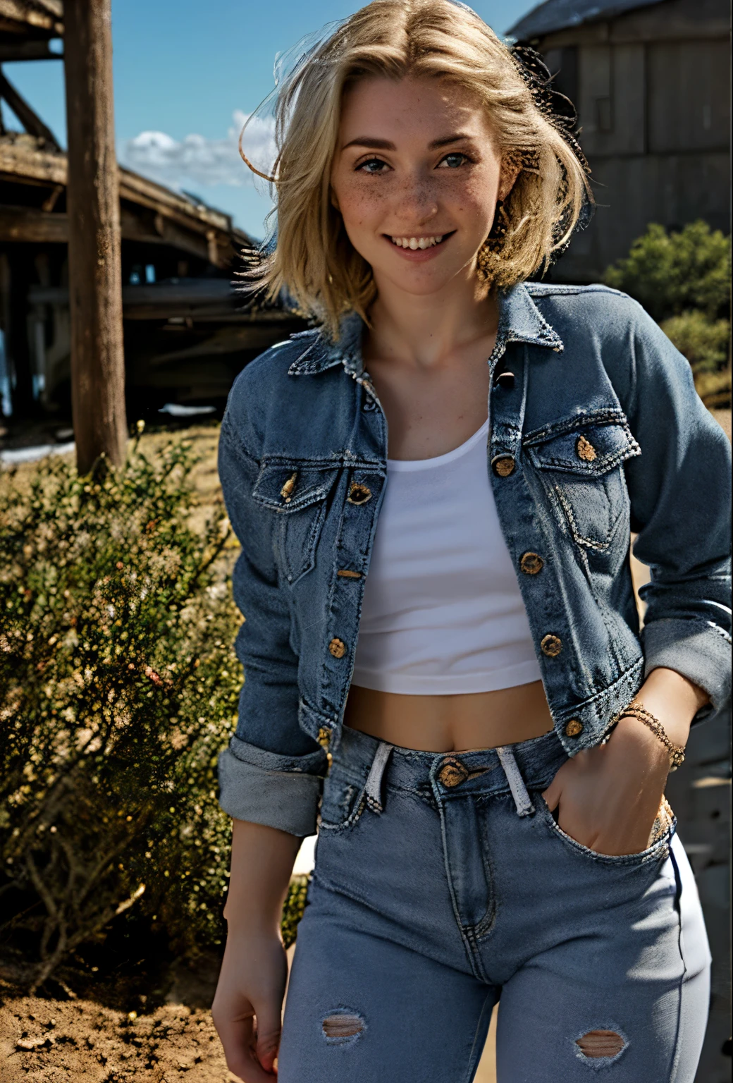 A 21 year old girl named Kate with short blonde hair, very nice medium breasts, her height is 1.60, white British style, kate is beautiful, angelic face, has light freckles in the nose area, Kate is wearing light jeans with a light denim jacket with a white shirt with no prints underneath, Kate wears a light all star sneaker,   Kate is standing and in the background a music recording studio, Kate is standing with a microphone in her hand, posing for a photo for the marketing of her new music. Kate is Happy
