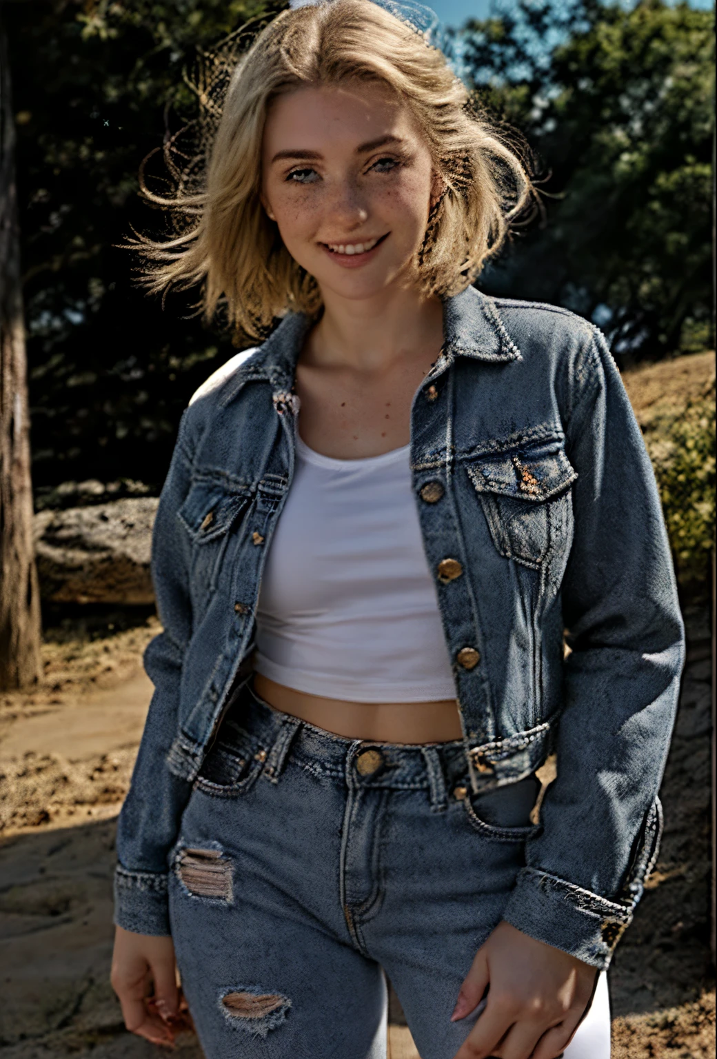 A 21 year old girl named Kate with short blonde hair, very nice medium breasts, her height is 1.60, white British style, kate is beautiful, angelic face, has light freckles in the nose area, Kate is wearing light jeans with a light denim jacket with a white shirt with no prints underneath, Kate wears a light all star sneaker, Kate is standing and in the background a music recording studio, Kate is standing with a microphone in her hand, posing for a photo for the marketing of her new music. Kate is Happy