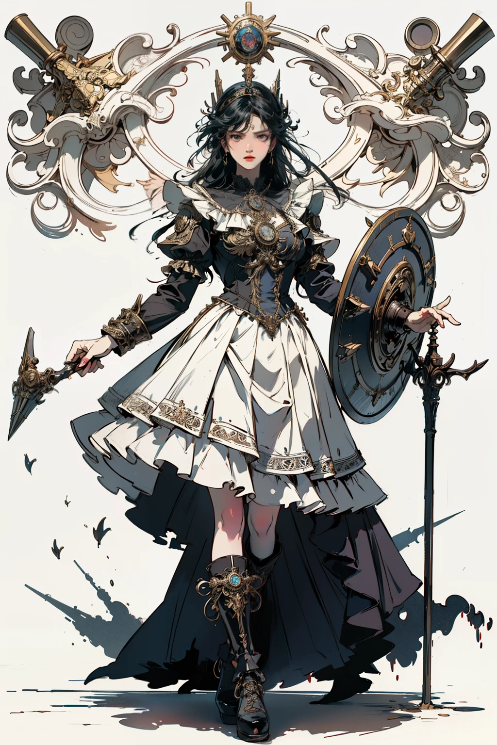 ((best quality)), ((masterpiece)), (detailed), perfect face ((best quality)), ((masterpiece)), (detailed), blank white background, plain background, white background, Bloodborne inspired, occult aesthetic, occult, detailed and intricate steampunk and detailed gothic, (zentangle, mandala, tangle, entangle), NSFW, torn clothing, Very dramatic and cinematic lighting, cosmic horror, grim-dark, side-lighting, perfect face, a beautiful goddess adorned and enshrined in armour, Bloodborne inspired , occult aesthetic , occult , detailed and intricate steampunk and detailed gothic , wielding a sword and holding a shield, NSFW, Fluttering lace flared short dress with frilly petticoats, knee length dress, pleated petticoats, lolita dress, petticoats gothic lolita, side-lighting, gothic lolita aesthetic, beautiful small breasts, small breasts, full body, whole body, body, plain background, white background, blank background, no background, white background NSFW, full body, whole body, head-to-toe