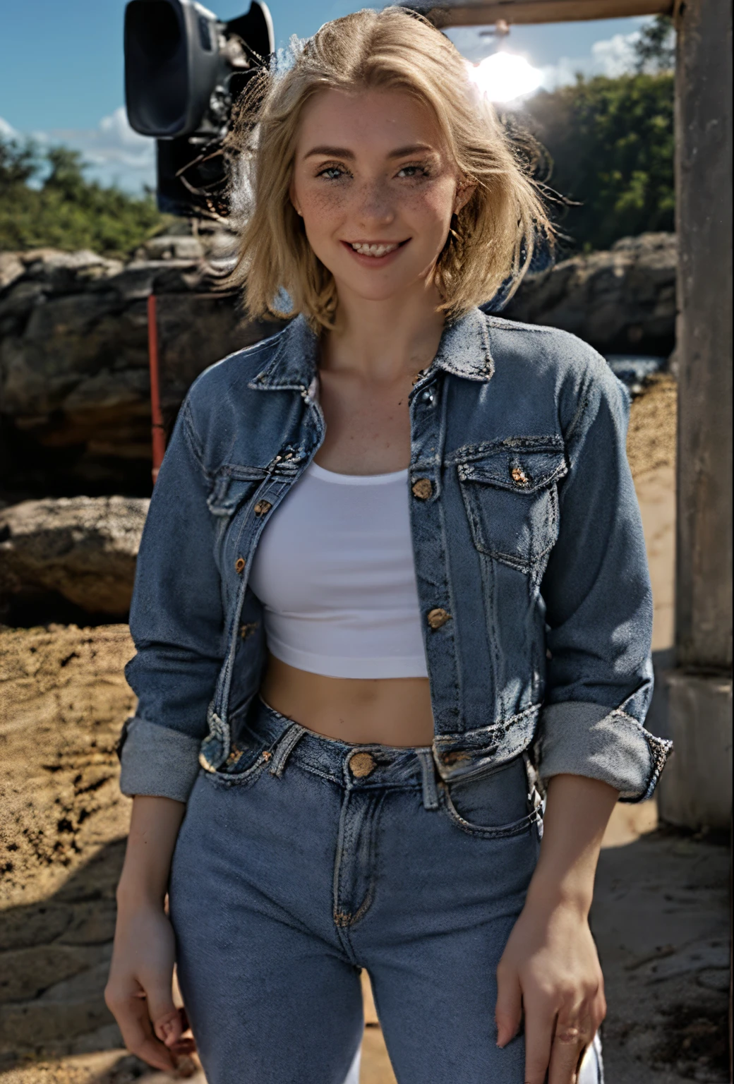 A 21-year-old girl named Kate with short blonde hair, beautiful medium-sized breasts, and a height of 1.60 meters. She has a white British style and light blue eyes. Kate is beautiful, with an angelic face and freckles around her nose. She is wearing light jeans with a denim jacket and a light-colored white t-shirt, along with All Star sneakers. Kate is in a very beautiful and well-lit restaurant, with a strawberry milkshake on the table. Kate is happy to be at her favorite restaurant.