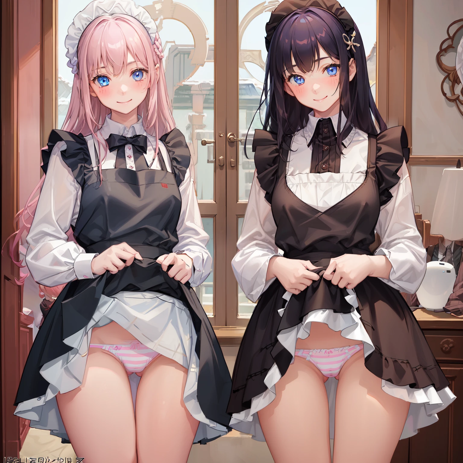 highest quality, masterpiece,((14years old:1.5)), ((2 girls:1.5)), ((smile:1.3)), (blush:1.3), Black Shirt, blouse, ((fun!!)), (Small breasts), Blonde, (Long sleeve), ((White apron:1.5)), ((Maid)), ((hair ornaments)), Kamimei, look at me, ((in house:1.5)), Taking a break from watching the audience, Cowboy Shot, (skirtlift:1.3), (Highly detailed pink striped panties:1.3), (Highly detailed panties:1.3), (skirt that rolls up:1.3), (Panties fully exposed:1.5), Light blue eyes, long hair, Glowing Eyes