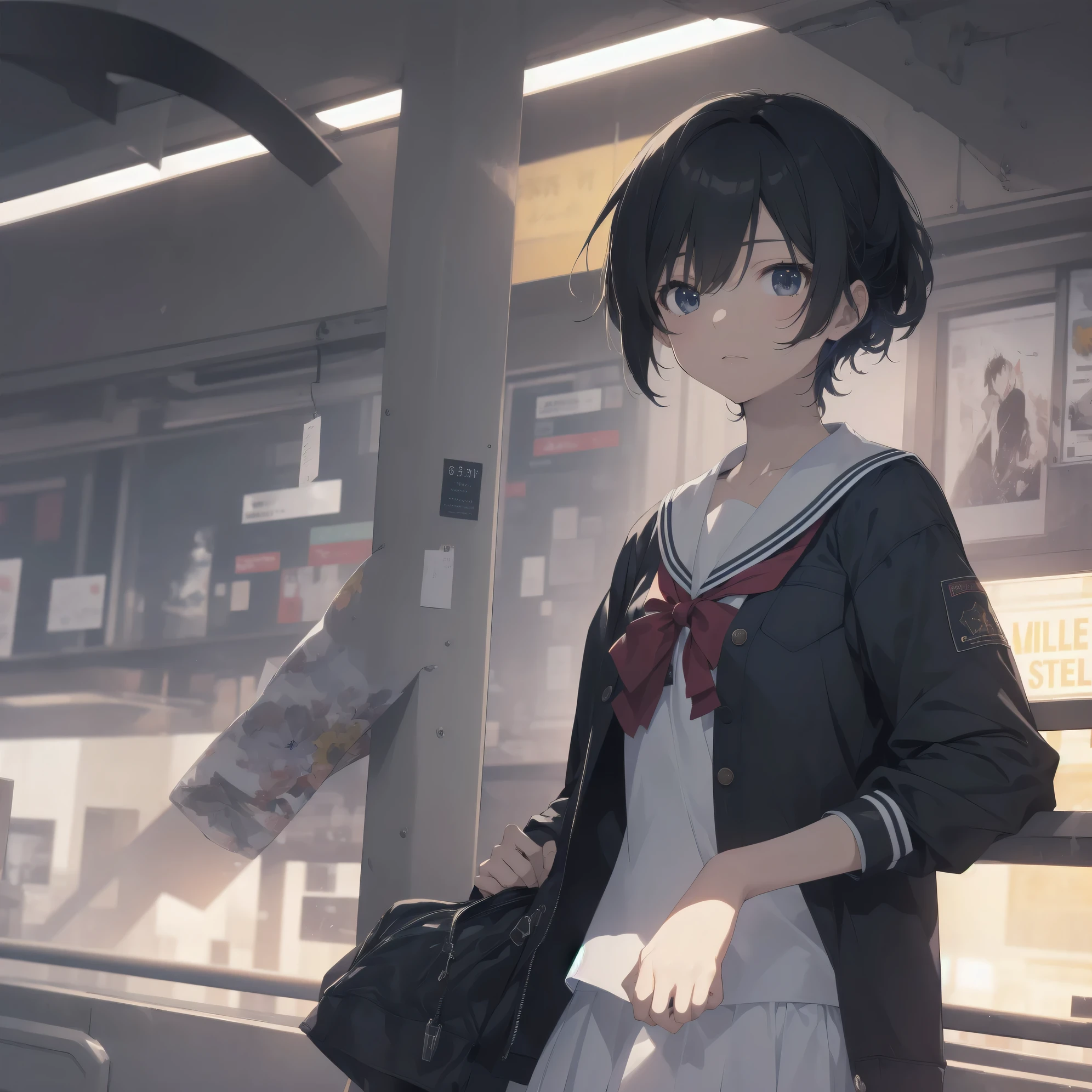 ultra-absurdres-Top quality by artist God, ultra-detailed, high resolution, anime moe artstyle, best anime 8k konachan wallpaper, pixiv contest winner, pool:2810, perfect anatomy,break, 1girl, (Please draw a girl walking sleepily to school alone. )break,(Solo,little female, 13-year-old:1.3),Full limbs, complete fingers,a junior high school student, (very short hair), short cut, flat chest, , small butt, small black eyes, beautiful detailed eyes, well-proportioned iris and pupils, expressive eyes, highres detailed hair, soft expression, salor school_uniform, sailor collar, serahuku, bow, pleated skirt,(Detailed Lighting), (Detailed background), in the School commute route. break,super detailed skin, Best cinematic lighting powered by famous artist, 8k,beauty illustration,photoshop_(medium),very aesthetic,break,((artist:nyantcha )), artist:clamp ,artist:carnelian ,artist:kantoku ,