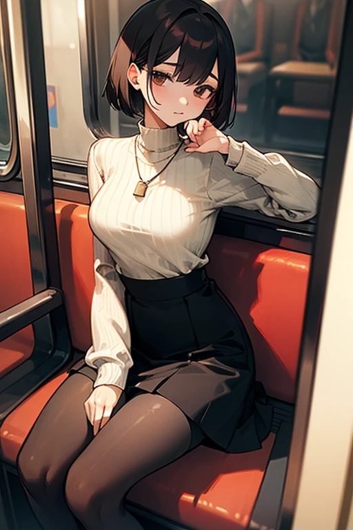 Brown short bob、Black high neck waffle knit top、Flared sleeves、Tight Skirt、Black Stockings、necklace、sitting in a train seat、tits、slender、