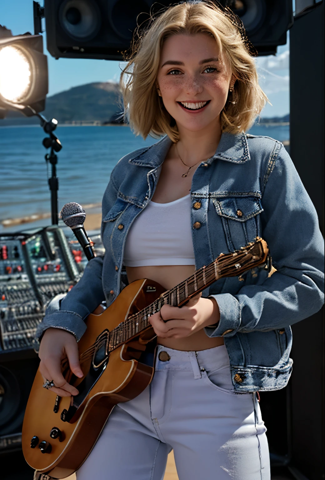 A 21-year-old girl named Kate with short blonde hair, very nice medium-sized breasts, and a height of 1.60 meters, has a white British style. Kate is beautiful, with an angelic face and light freckles around her nose. Kate is wearing light blue jeans with a light denim jacket and a plain white shirt underneath. Kate is wearing light-colored All Star sneakers. She is standing with a music recording studio in the background, equipped with a guitar, an electric guitar, a mixing console, and all the equipment typical of a recording studio. Kate is standing with a microphone near her mouth as if she is singing, posing for a photo for the marketing of her new song. Kate looks happy.