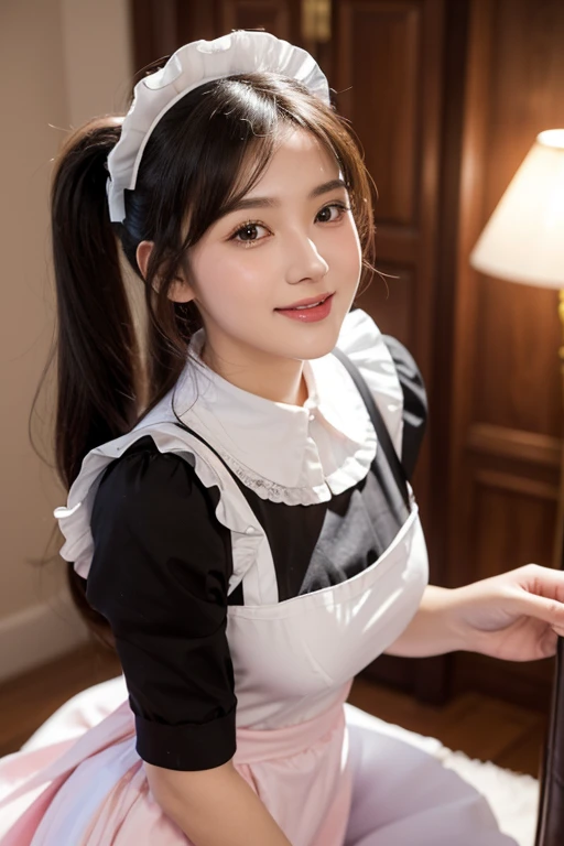 
Close-up of a woman wearing a pink maid clothes, smile, laughter, (pink maid clothes), masterpiece, realistic, sharp focus, (realistic:1.3), ultra high res, 8k, RAW photo, best quality, detailed shadow, amazing, finely detail, sharp focus, (shine light on face:1), (Volumetric lighting:1.4), 21 age girl, twin tail hair, black hair, large breasts, heart-shaped face,Full lips,(maid:1.4), black pantyhose, loafers, standing, cafe, from below, looking at viewer