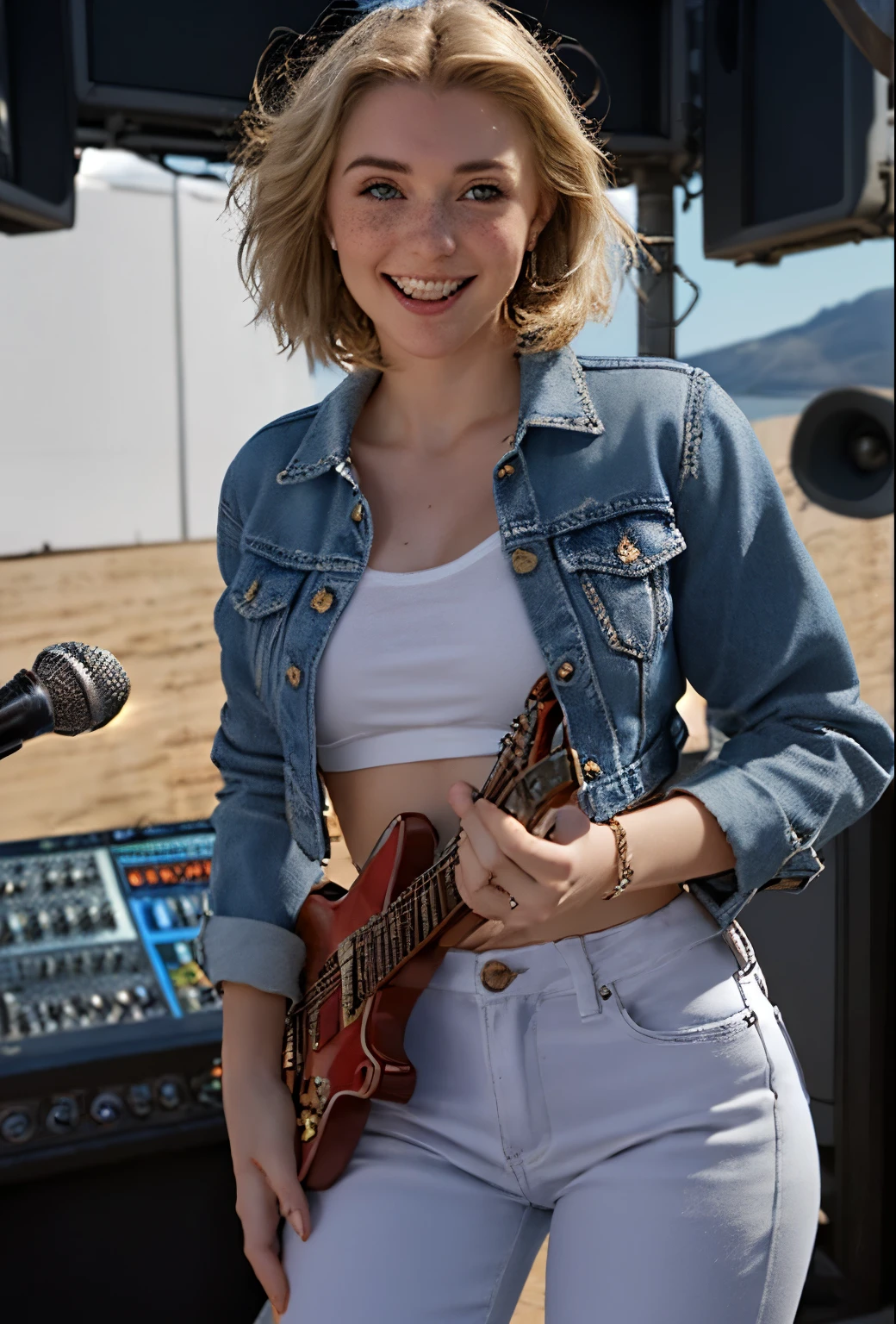 A 21-year-old girl named Kate with short blonde hair, very nice medium-sized , and a height of 1.60 meters, has a white British style. Kate is beautiful, with an angelic face and light freckles around her nose. Kate is wearing light blue jeans with a light denim jacket and a plain white shirt underneath. Kate is wearing light-colored All Star sneakers. She is standing with a music recording studio in the background, equipped with a guitar, an electric guitar, a mixing console, and all the equipment typical of a recording studio. Kate is standing with a microphone near her mouth as if she is singing, posing for a photo for the marketing of her new song. Kate looks happy.