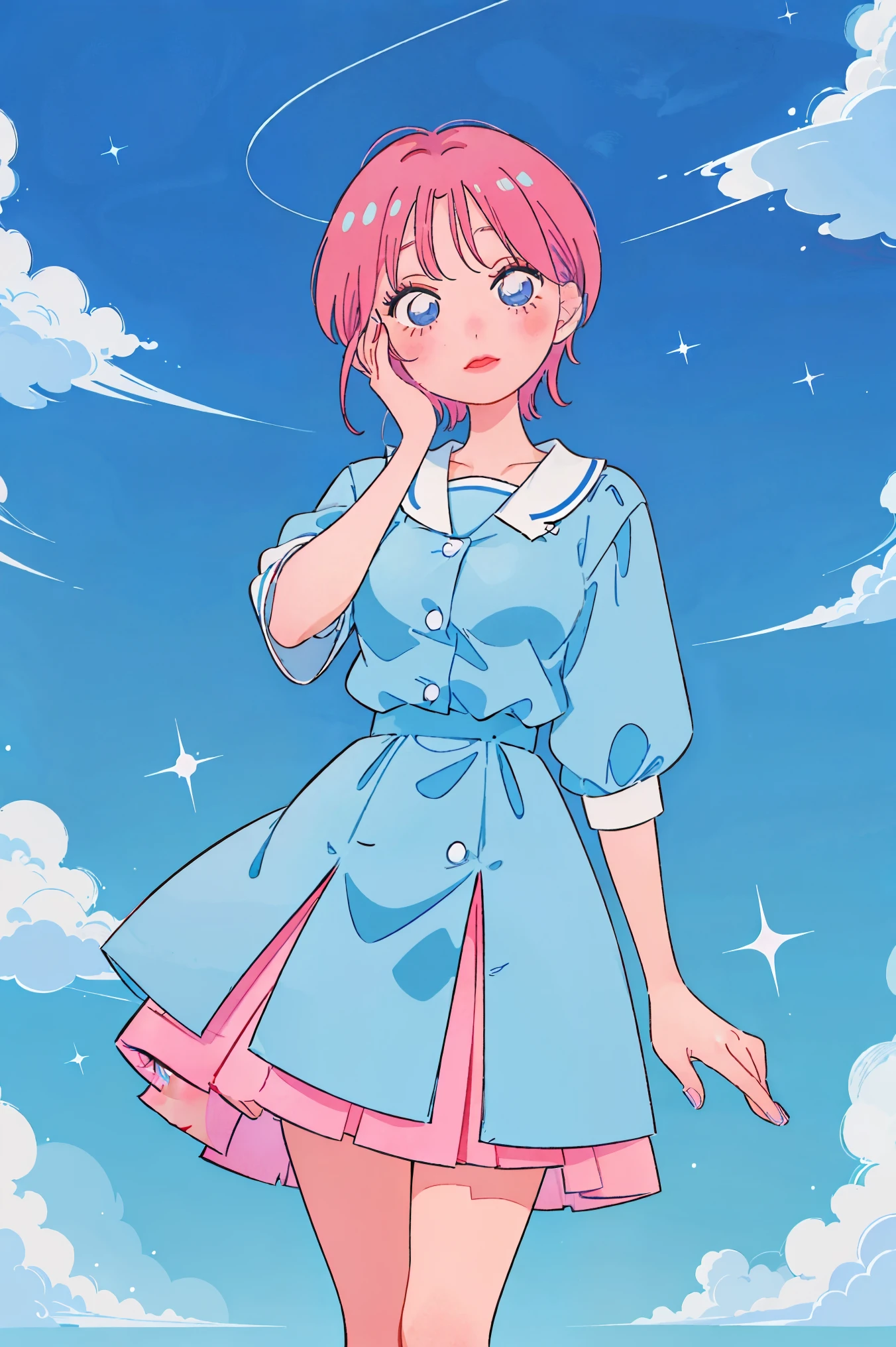 Ichika nakano, (Old anime, vintage anime, 90's anime style, naoko takeuchi style, masterpiece、top-quality、top-quality、Official art、Beautifully Aesthetic:1.2)、(a beauty girl:1.3)、vivid colours、colourful, lHD Detail, Ultra Detail, soft Light, Deep Focus Bokeh, magical photography, dramatic lighting, intricate details, (1 girl, solo, alone), , sfw, nakano_ichika, blue eyes, indigo eyes, aaichika, sparkling blue eyes, sfw, pretty age girl with short pink hair, heart shaped lips and blue eyes making a cute face, blushing, aaichika, Nakano ichika from The Quintessential Quintuplets, ichima Nakano, masterpiece, 4k, ultradetailed, cowboy shot, very short pink hair, blue eyes, pure, tender, lovely, teasing 