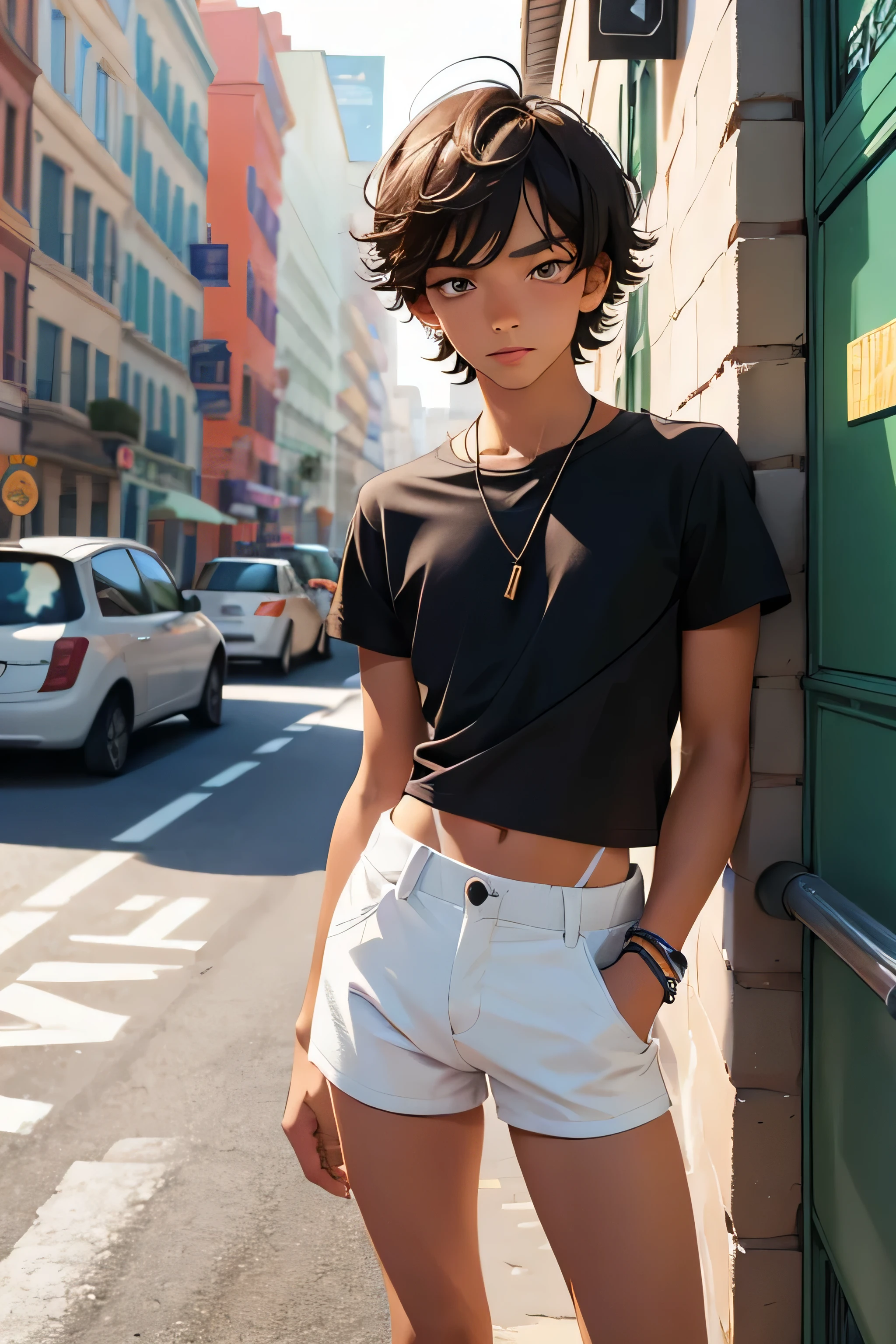Beautiful , the boy is wearing a cropped shirt and too very much short mini shorts, the boy's legs are long and beautiful, his legs are tanned, hot summer, top quality