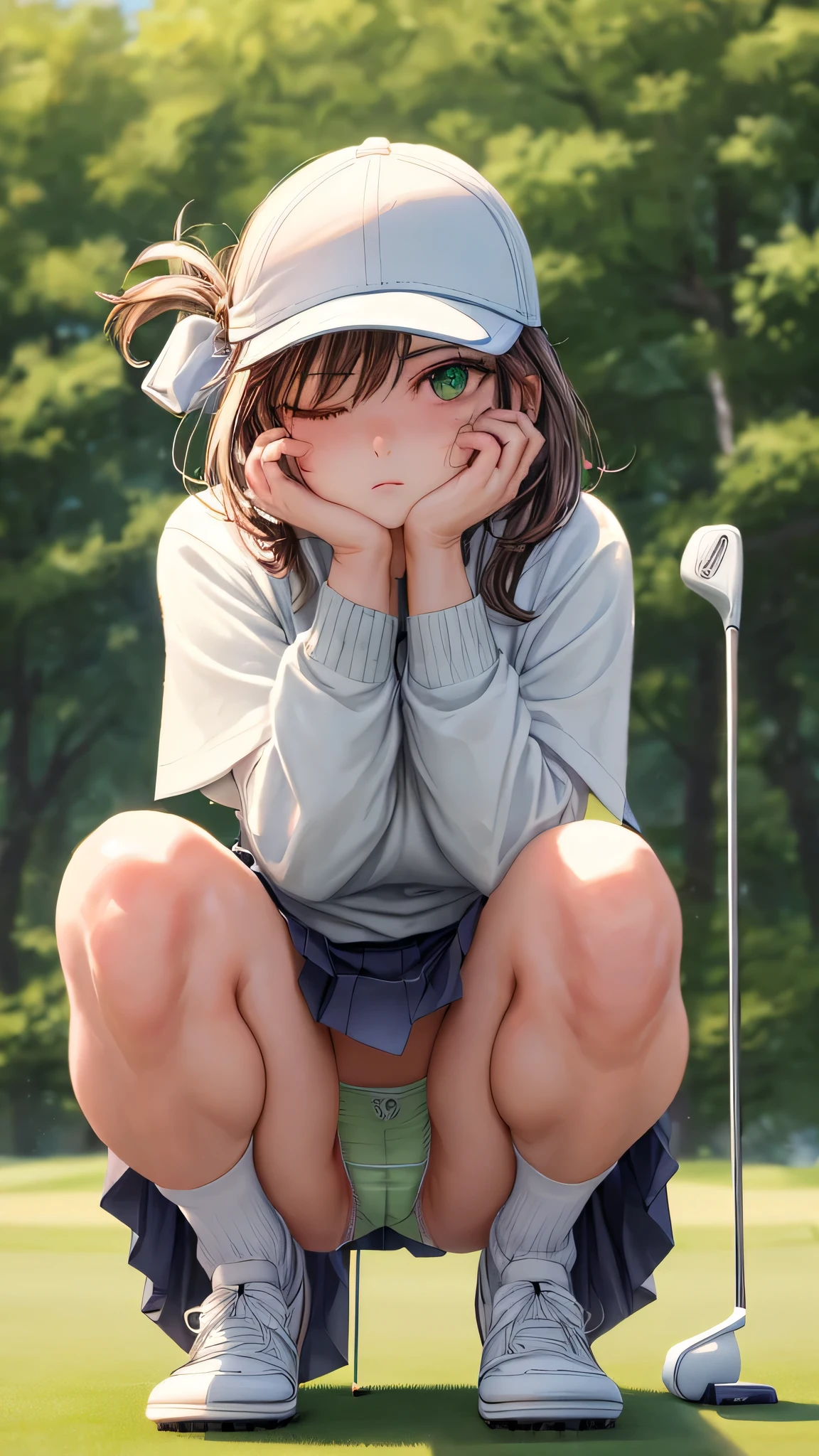 (masterpiece, highest quality:1.2), 1 cute girl, ideal ratio body proportions, open crotch, serious look, cameltoe, mini skirt, squatting, outstretched legs, knees up, read the grass on the green, (showing off panties:1.3), white shiny panties, holding a putter, front view, golf shoes, high socks, (one eye opened, holding a putter in front of her face:1.2), looking at the ground, 