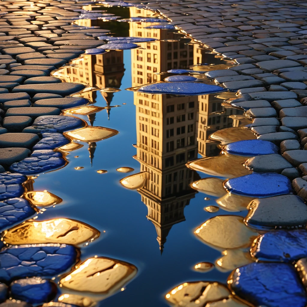 (watce),New York city\(Gold,Diamonds \), BREAK ,backgrownd\(simple gold liquid\(metal\) flood,reflection\),quality\(8k,wallpaper of extremely detailed CG unit, masterpiece,hight resolution,top-quality,top-quality real texture skin,hyper realisitic,increase the resolution,RAW photos,best qualtiy,highly detailed,the wallpaper\),,dynamic angle,anime style,reflection, masterpiece, Bevelededges, shadows, glowing cobalt blue, Cobblestone roads, birdseye view