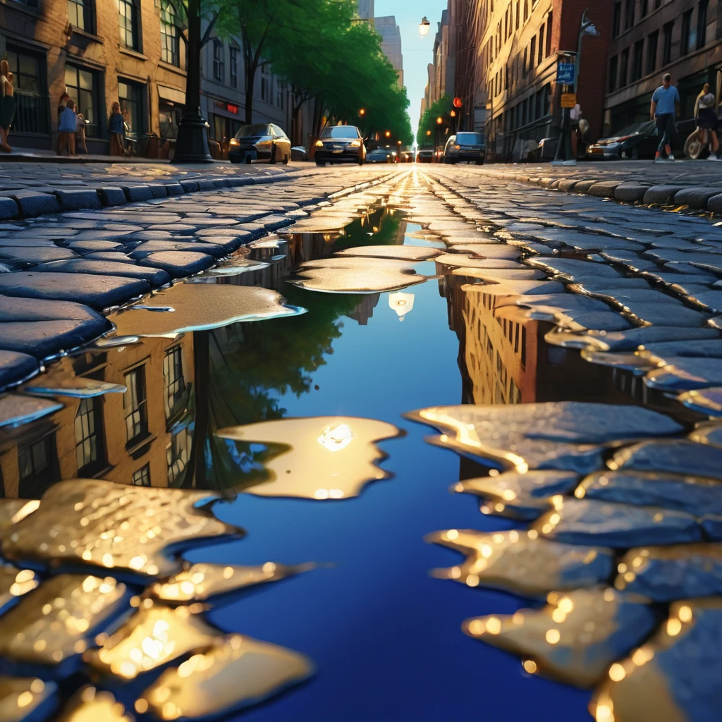 (watce),New York city\(Gold,Diamonds \), BREAK ,backgrownd\(simple gold liquid\(metal\) flood,reflection\),quality\(8k,wallpaper of extremely detailed CG unit, ​masterpiece,hight resolution,top-quality,top-quality real texture skin,hyper realisitic,increase the resolution,RAW photos,best qualtiy,highly detailed,the wallpaper\),,dynamic angle,anime style,reflection, masterpiece, Bevelededges, shadows, glowing cobalt blue, Cobblestone roads, birdseye view 