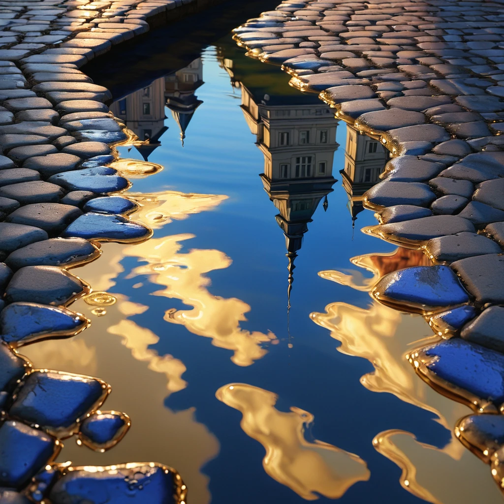 (watce),New York city\(Gold,Diamonds \), BREAK ,backgrownd\(simple gold liquid\(metal\) flood,reflection\),quality\(8k,wallpaper of extremely detailed CG unit, ​masterpiece,hight resolution,top-quality,top-quality real texture skin,hyper realisitic,increase the resolution,RAW photos,best qualtiy,highly detailed,the wallpaper\),,dynamic angle,anime style,reflection, masterpiece, Bevelededges, shadows, glowing cobalt blue, Cobblestone roads, birdseye view 