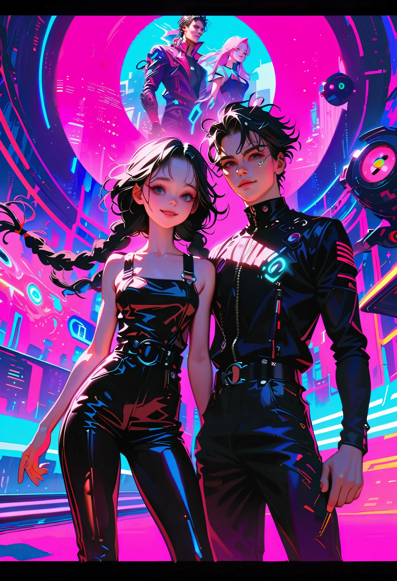 ((Picture in cyber punk style, create two characters), (futuristic , space station, space)))_((In the center of the composition there are two characters, close-up, a boy and a girl - full growth), (a girl in a stylish overalls, a slender figure, dynamic pose), (her clothes look very stylish, futuristic, a lot of details, latex material, textured fabric elements, colors, pink, blue, white), (her image embodies beauty and sympathy, her face radiates happiness, expressive eyes, smile), (her hairstyle, two long braids, hair dyed blue, pink - neon highlights))_((Her partner, a futuristic boy from the future, is dressed in all black, his preference in clothing, dark gothic style, combined with space jumpsuit, sporty stylish), (shoulder-length hair, handsome, black eyes, slender, young, strong body))_((Background, space station, space, technological elements, shine of stars))_((High image quality, stylish picture in cyber punk style, futuristic future, masterpiece), (animation cinematography, stylized realism, Japanese anime, blade runner, apple seed, animatrix), (FULL HD, 18K).
