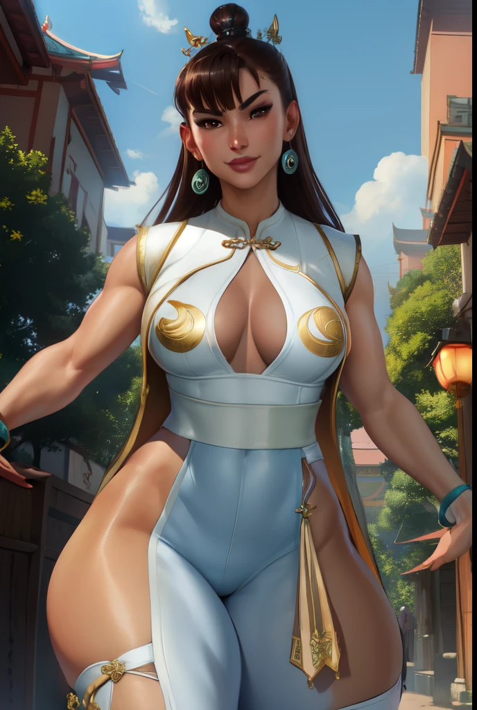 Chunli,  Brown Hair, Brown eyes, Double good,  Good cover,   Stud earrings, 
Chinese clothing, spike bracelet,  Blue long pelvic curtain,  sash,  pantyhose,  Muscular thighs, Thick thighs,   Posterior pelvic curtain, 
Are standing,   smile,  Cowboy Shot, 
street,  morning,  
(Very detailed, Beautifully detailed face, Beautiful fine details, masterpiece, highest quality),alone, whole body,White knee-length lace-up boots