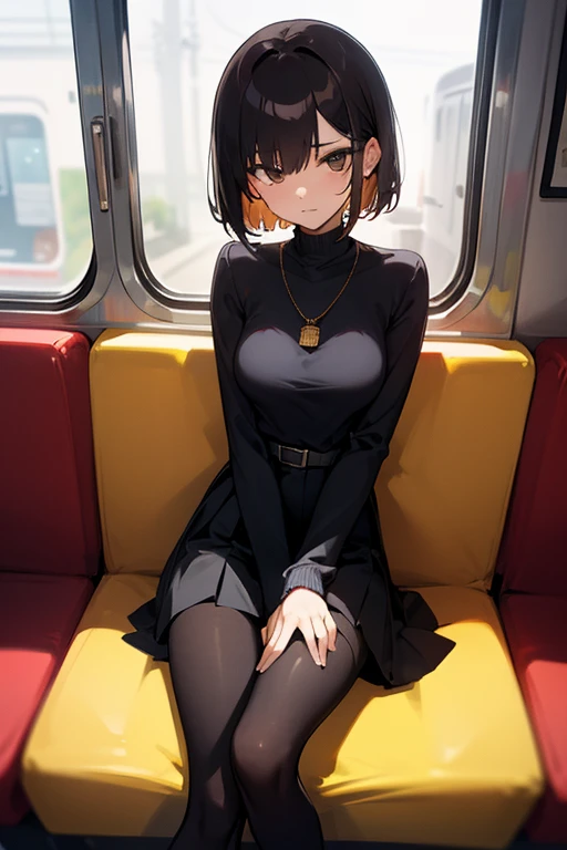 Brown short bob、Black high neck waffle knit top、Flared sleeves、Tight Skirt、Black Stockings、necklace、sitting in a train seat、tits、slender、