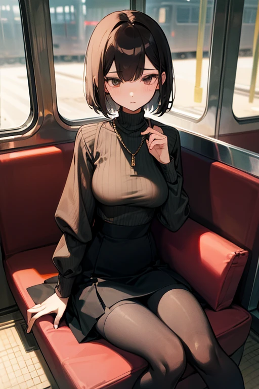 Brown short bob、Black high neck waffle knit top、Flared sleeves、Tight Skirt、Black Stockings、necklace、sitting in a train seat、tits、slender、