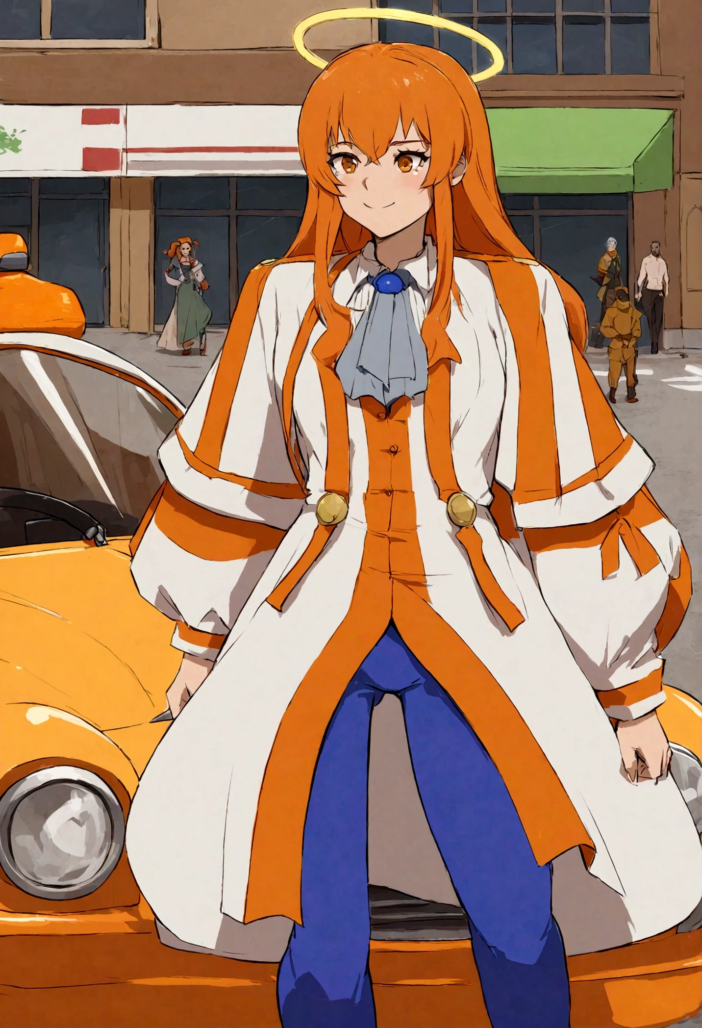 there is a small orange car parked in a parking lot, listras de corrida laranja, tonalidade laranja, halo laranja, Frente, a beautiful detailed orisha, Frente shot, laranja vibrante, mas sombrio, Frenteal shot, Frente profile shot, Frente lit, cor corrigida, Frente on, por Derek Hill, medium wide Frente shot, Frente side, corpo laranja, caramel, estilo Anime