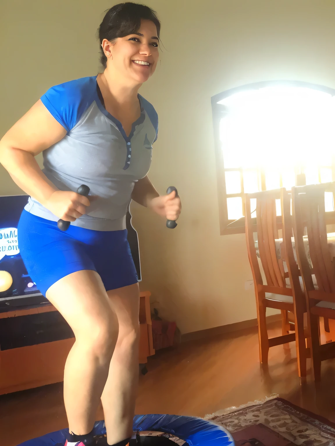 Woman in blue shorts playing video games on a blue trampoline, working out, jumping for joy, she expressing joy, attacking the camera: 4, running towards the camera, jumping, bouncing, in an action pose, fit, very excited, she is dancing, smiling and dancing
The woman is wearing tight blue short shorts and a gray tank top with a blue collar.
A beautiful Brazilian woman, with white skin, dark brown hair. She is around 40 years old, 165 cm tall and weighs 56 kg. Her body exudes glamor and her face is a definition of beauty. Slender body, thin waist. Highly realistic, hyperrealism, very elaborate skin. Clear photo, high resolution, high quality, masterpiece, 16K photo, high contrast, masterpiece, NUDE, NUDITY, NFSW.