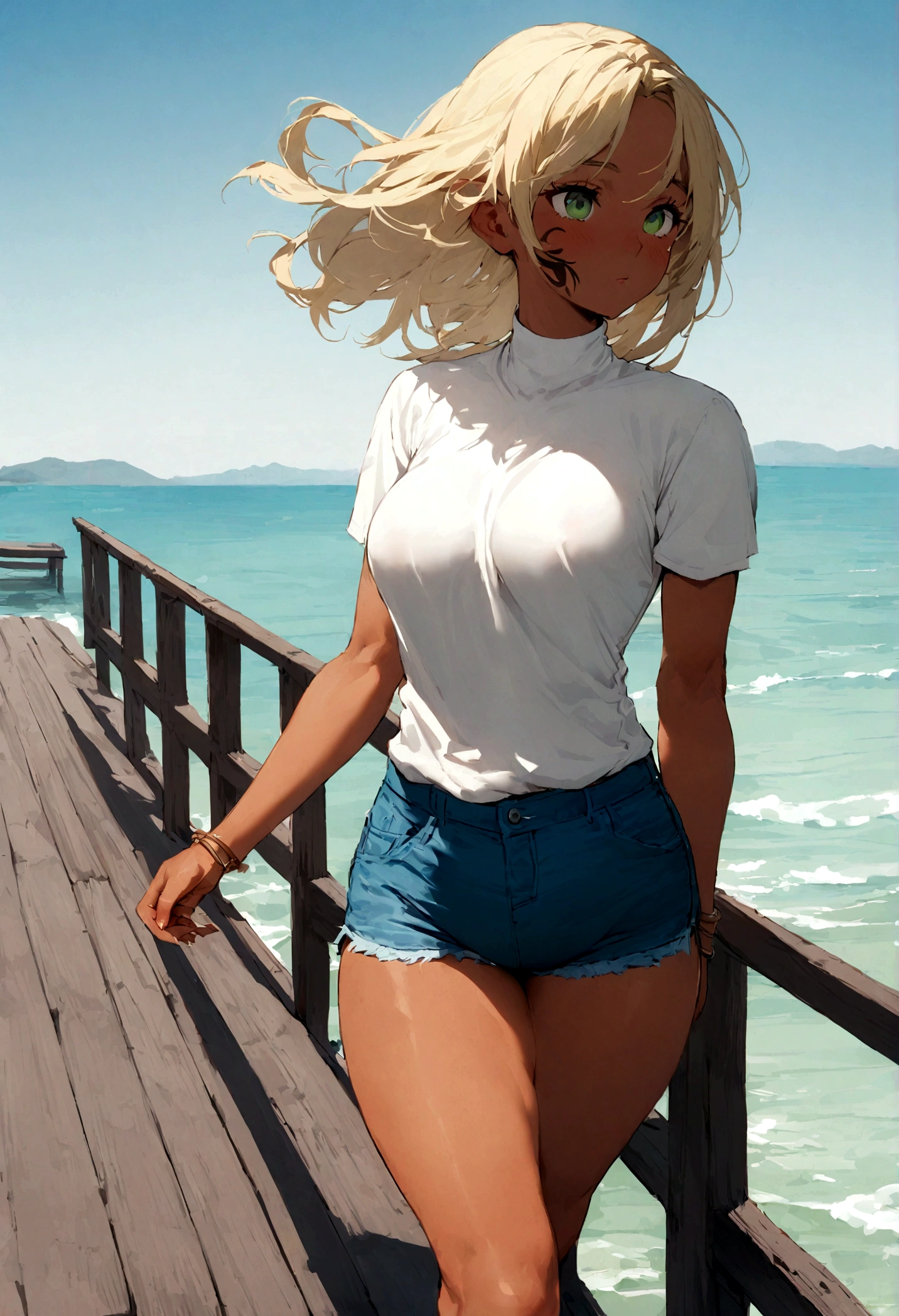 A 25-year-old German woman with Latin features, an athletic body, striking green eyes slightly slanted like those of an Oriental woman, and an expressive gaze, delicate features, a pert butt, slightly plump breasts, and blonde hair. She also has something that always stands out: a small tattoo on her left cheek, slightly reddish in tone but very discreet. She is wearing short denim shorts and a white shirt, her face is subtly made up, and her body has a soft yet noticeable natural tan. She is walking on a pier on a sunny morning with the green sea in the background.
