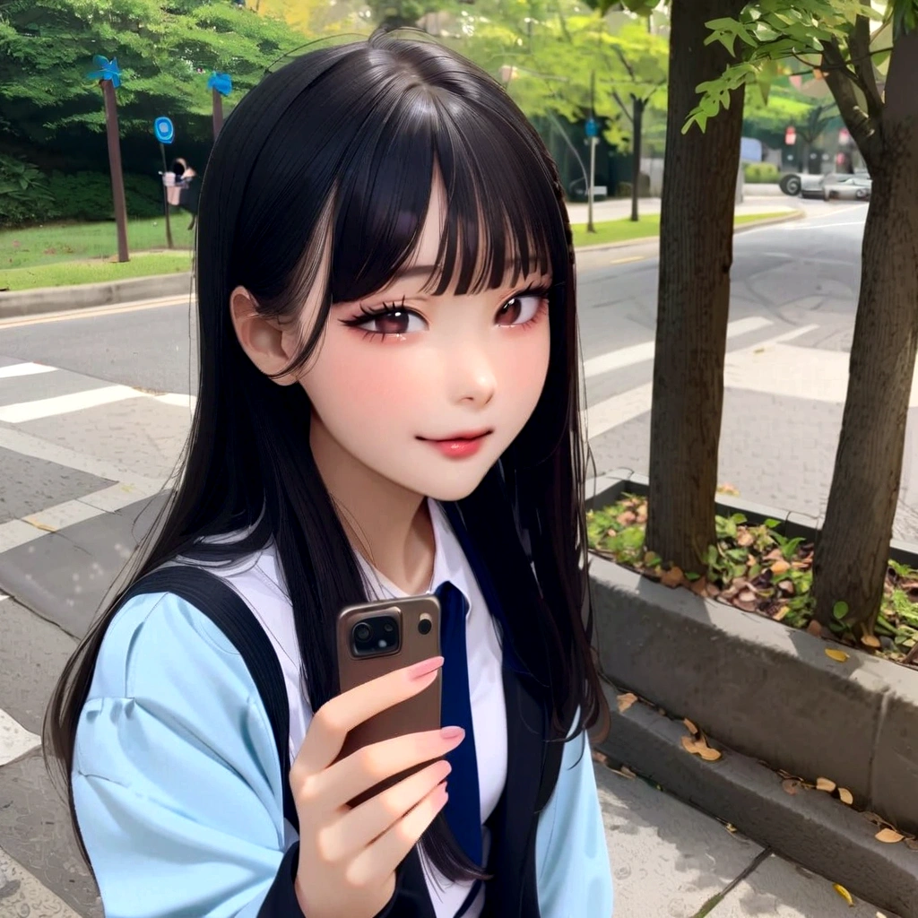 A fifty-something Asian girl with long black hair holding a mobile phone, Ulzzang, 8K Selfie, Real life anime girls, Chiho, Jaeyoung Nam, Girl cute beautiful face, sakimichan, 8k)), shikamimi, 若くてpretty girl, pretty girl, She has black hair with bangs, Korean Girls