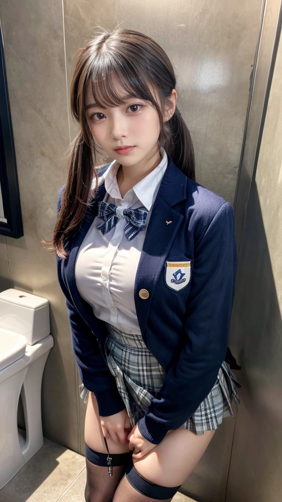 masterpiece, best quality, illustration, Super detailed, fine details, High resolution, 8K,wall paper, perfect dynamic composition,(Details High quality, realistic depiction of eyes:1.3), (Toilet cubicles:1.2), (urinal)、High school girl uniform、blazer 、Super Short Check Uniform Skirt、Navy blue high socks、garterbelts、 large breasts, expresses the roundness and softness of your chest, Don't expose it、Disturbed uniform, ponytail, black hair color, Big Natural Color Lip, perfect body shape, crying a little、Harajuku style、20 year old girl、cute type, beautiful legs, Gravure Idol