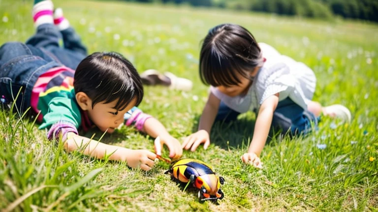 Children playing with beautiful beetles in the grassland、Children playing with beautiful beetles in the grassland、Colorful Mushiking