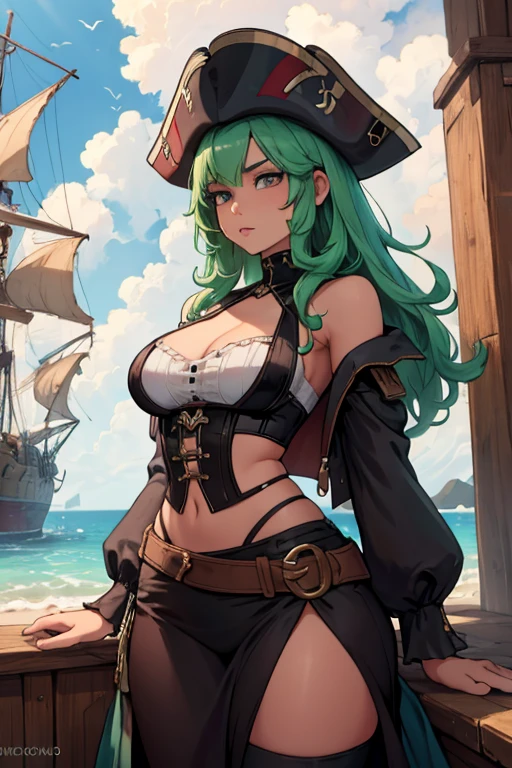 A light green haired woman with pink eyes and an hourglass figure in a pirate's outfit is watching shooting stars on a pirate ship