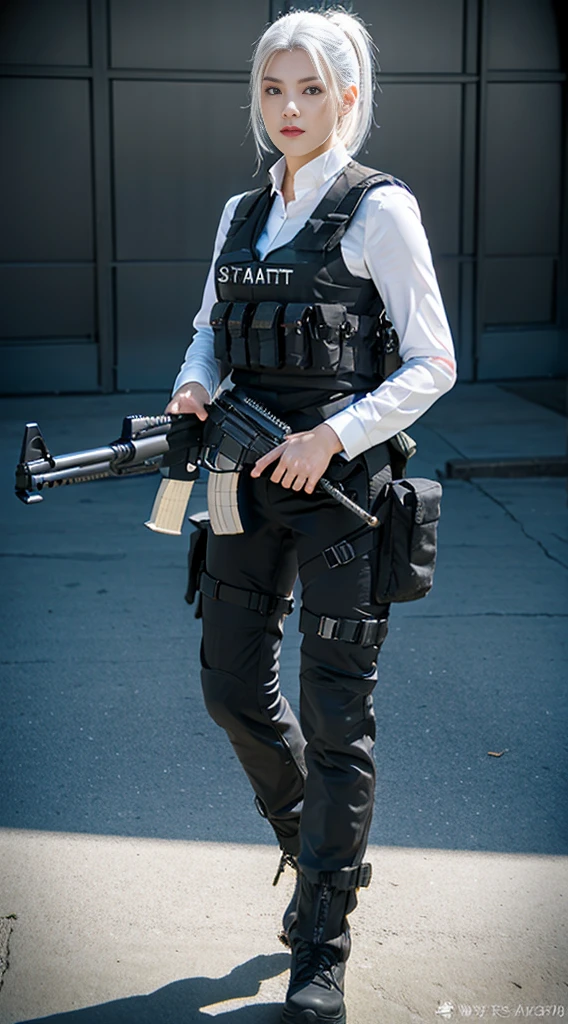 Photorealistic, high resolution, 64k,Extremely, 1womanl, Solo, combat action, view the viewer, (Detailed face), White hair,black SWAT vests, automatic rifle Gun, jewelry,detailed boots, detailed fingers, perfect details anatomy, Full body shot,