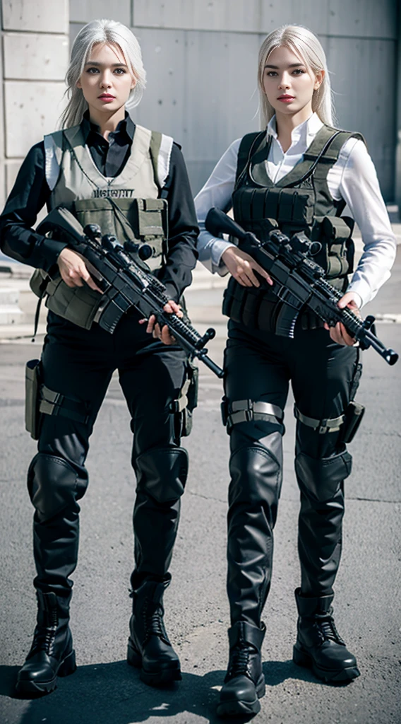 Photorealistic, high resolution, 64k,Extremely, 1womanl, Solo, combat action, view the viewer, (Detailed face), White hair,black SWAT vests, automatic rifle Gun, jewelry,detailed boots, detailed fingers, perfect details anatomy, Full body shot, 