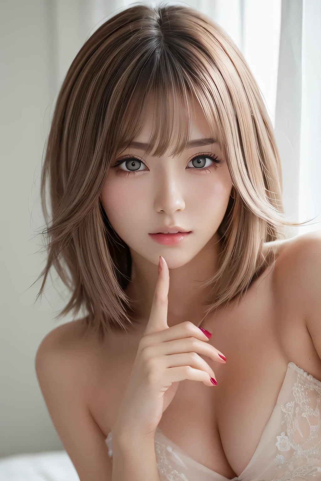 （(highest quality)), ((masterpiece)), (detailed),Beautiful（anime）Ash hair color girl　Right index finger to lips　Sexy　Almost naked