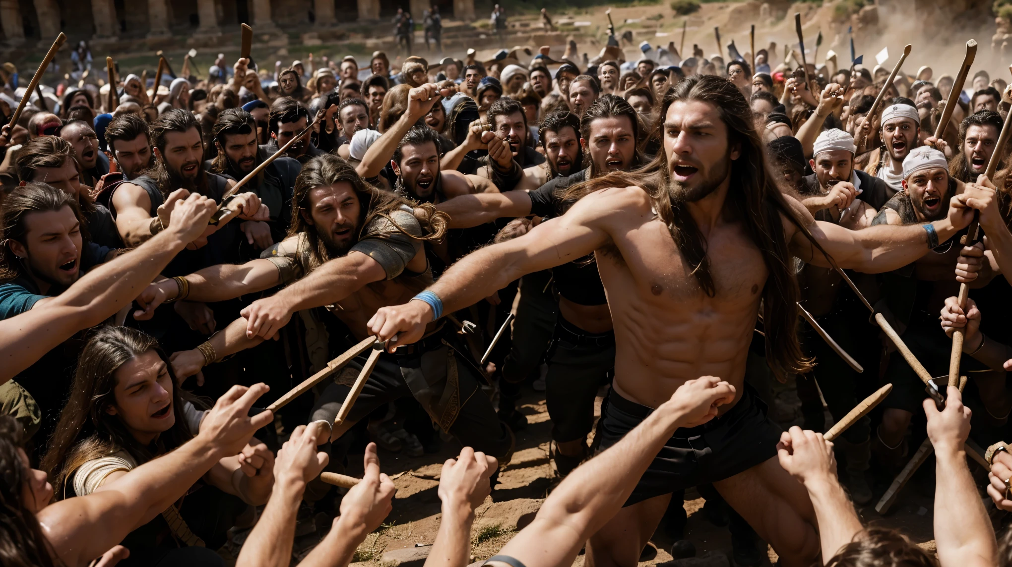 Ancient masculine man with long hair, fighting 30 men simultaneously
