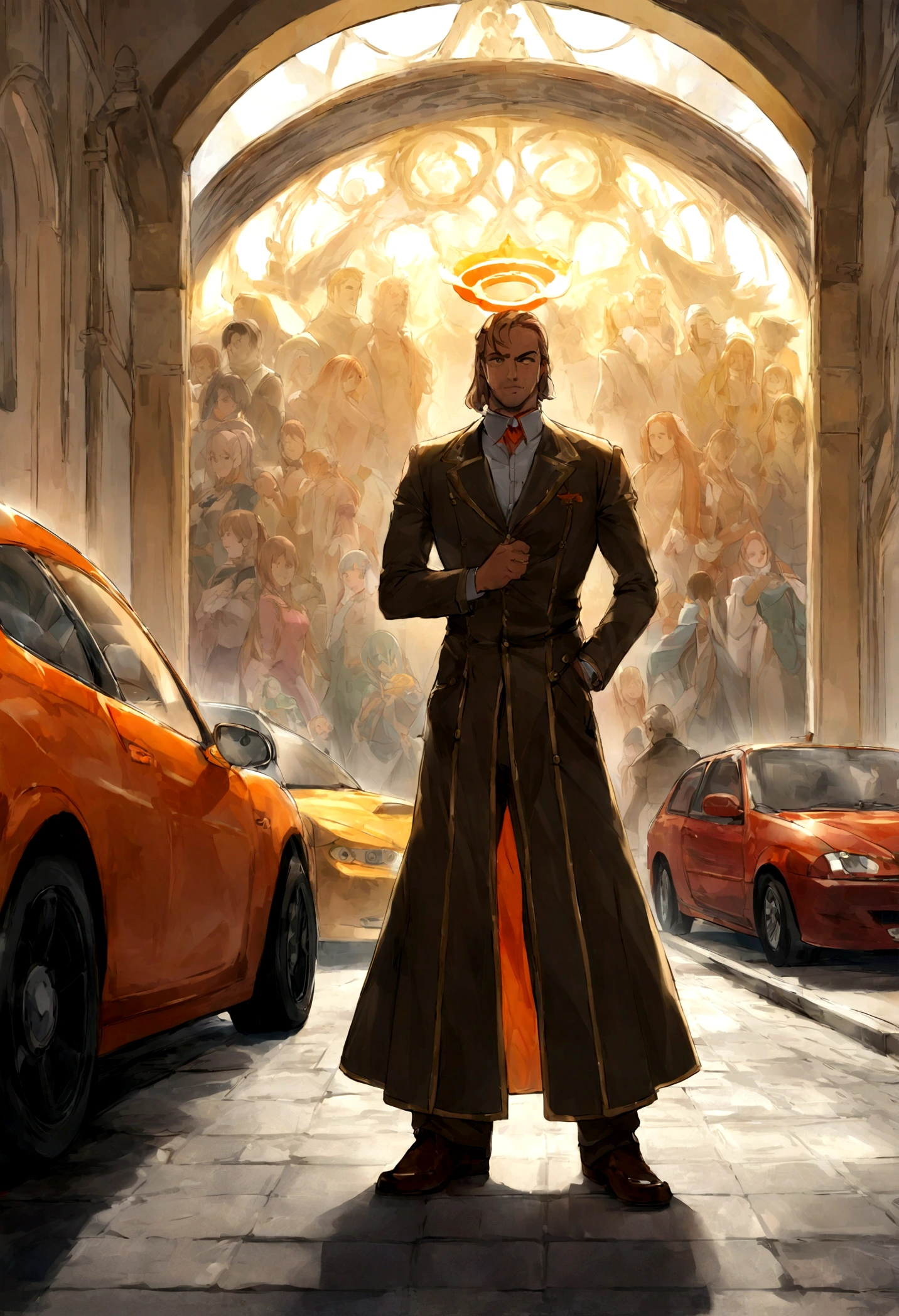 there is a small orange car parked in a parking lot, um pontilhado de Derek Hill, vencedor do concurso reddit, baroque, listras de corrida laranja, tonalidade laranja, halo laranja, Frente, a beautiful detailed orisha, Frente shot, laranja vibrante, mas sombrio, Frente profile shot, Frenteal shot, Frente lit, cor corrigida, Frente on, medium wide Frente shot, Frente side, transforme esse carro em um anime