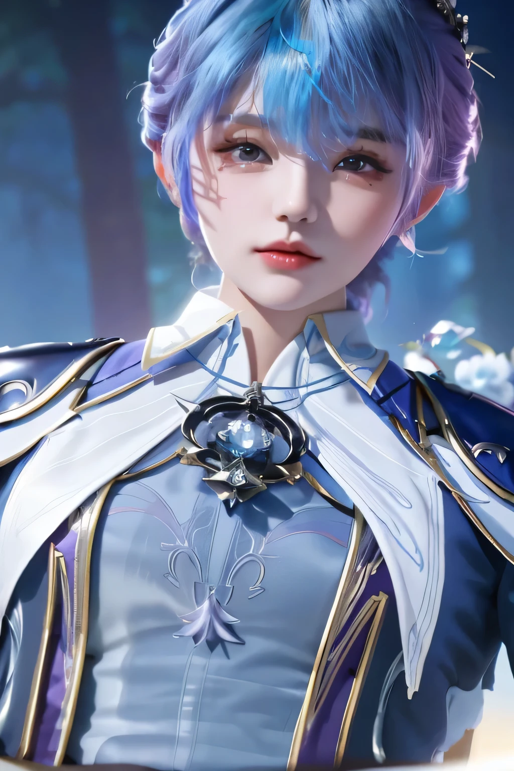 Close up of a woman with blue hair and purple shirt, Superb beauty,((short detailed hair)),Portrait Chevaliers du Zodiaque Fille, zhongli from genshin impact, Keqing from Genshin Impact, Yun Ling, inspired by Leng Mei, Beautiful character painting, uma linda princesa, Exquisite princess, portrait of a female mage, Rendu portrait 8k