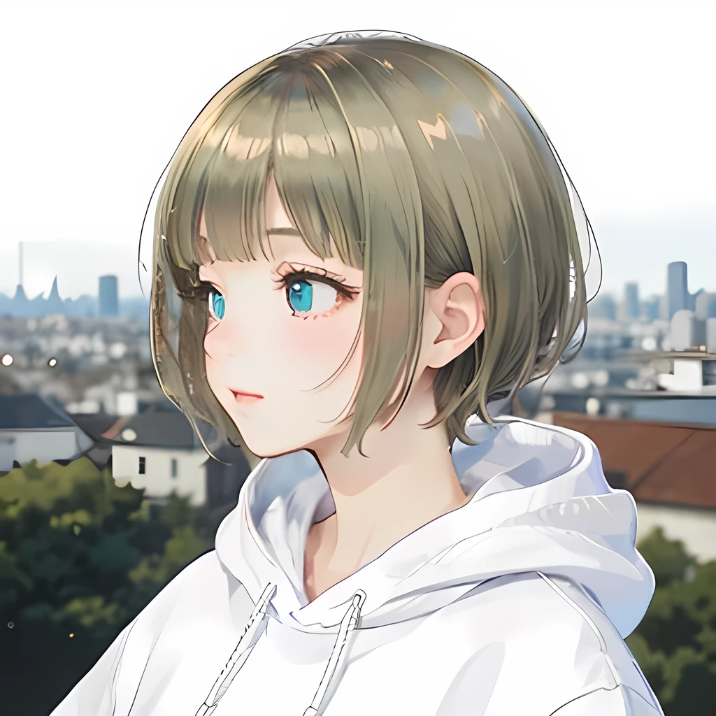profile, blonde、short hair、girl 1、close up of face、city、composition from above、fashion、blonde hair、Short Mash Hair、、wearing a plain white hoodie、wearing black sneakers、turquoise eyes、black shorts、Look to the side、Looking straight ahead、profile