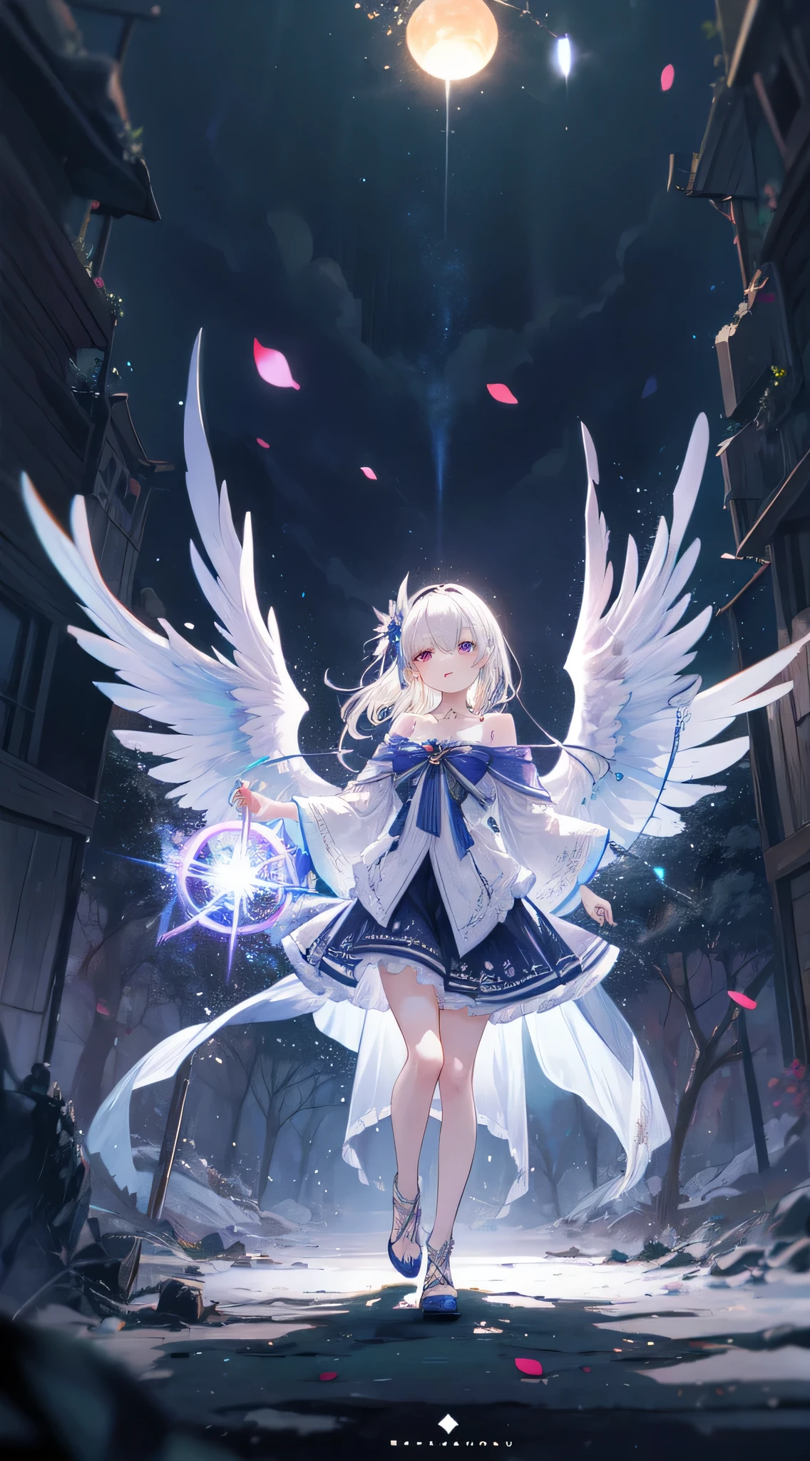 ((masterpiece, best quality)), official art, unity 8k wallpaper, ultra detailed, In a realm of enchantment, within a magical forest, A mysterious angel elf girl appears, a radiant being adorned in gossamer threads of moonlight. Her skirt, woven from petals and stardust, shimmers with an iridescent glow, reflecting the celestial canopy above. Flowering trees々As she flutters her wings in the midst of sparkling fireflies, the air resonates with the ethereal symphony of nature's whispers, Creating a place where dreams and reality are intertwined,Dances that form pure charm,Mo size,Full body photo,中景 the scene is the most beautiful form of chaos, elegant, a brutalist designed, vivid colours, romanticism, by Artgerm, Wadim kashin, Kawacy, BREAK, highly detailed of (elf), (1girl), perfect face,details eye, straight hair, Blunt bangs, (hair between eye), white hair, violet eyes, BREAK, eyelashes, eyeshadow, pink eyeshadow,