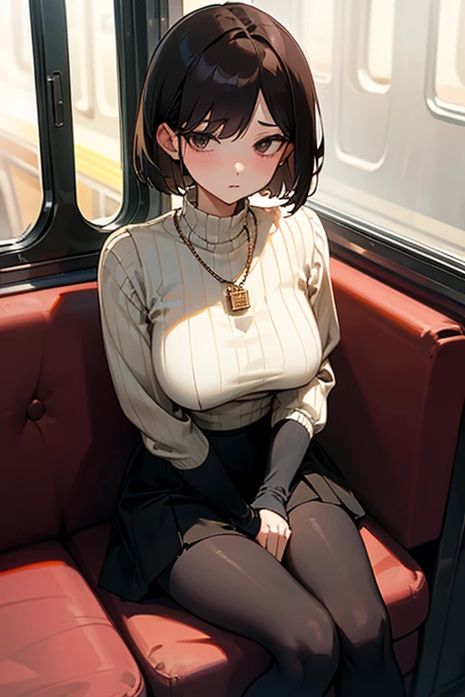 Brown short bob、Black high neck waffle knit top、Flared sleeves、Tight Skirt、Black Stockings、necklace、sitting in a train seat、tits、slender、