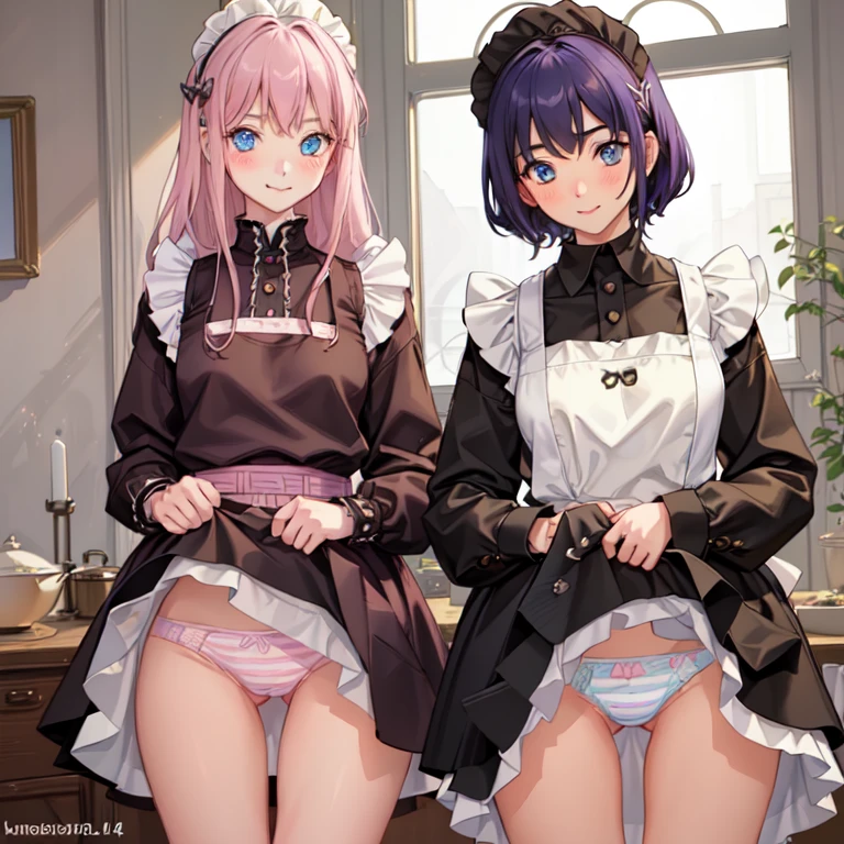 highest quality, masterpiece,((ars old:)),  ((2 girls:1.5)), ((smile:1.3)), (blush:1.3), Black Shirt, blouse, ((fun!!)), (Small breasts), Blonde, (Long sleeve), ((White apron:1.5)), ((Maid)), ((hair ornaments)), Kamimei, look at me, ((in house:1.5)), Taking a break from watching the audience, Cowboy Shot, (skirtlift:1.3), (Highly detailed pink striped panties:1.3), (Highly detailed panties:1.3), (skirt that rolls up:1.3), (Panties fully exposed:1.5), Light blue eyes, long hair, Glowing Eyes