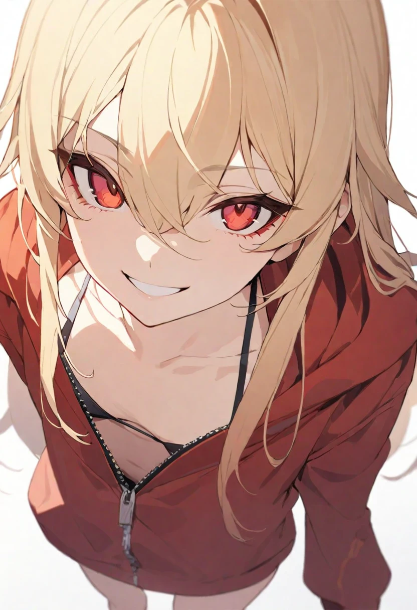 (masterpiece), (best quality), perfect face, beautiful girl, white background background, delicate and beautiful face and eyes, dark intense shadow,
1 girl, vtuber style, cool girl, blond middle hair, blond straight hair, small ahoge, amber eyes, sharp eyes, sharp gaze, hair between eyes, yaeba, Yae Teeth, bikini, red jacket, unzipped jacket, small chest, cropped shoulders, clavicle, smile, bare feet, chest visible through clothes, (full body), looking at viewer, standing, white background,